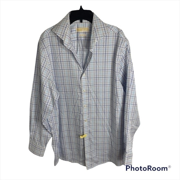Michael Michael Kors Plaid Button Down Shirt 16 32/33 Non Iron Blue White - Picture 1 of 7